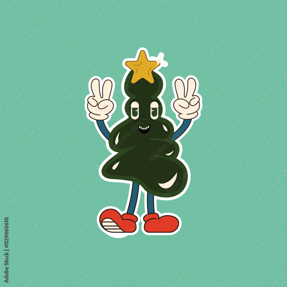 Fototapeta premium A cheerful Christmas tree character with arms and legs, wearing red shoes and making a peace sign. Perfect for fun, playful Christmas designs.
