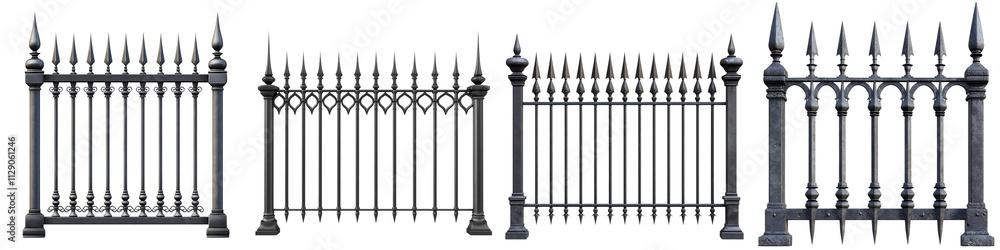 A decorative fence featuring pointed spikes, showcasing a classic design with multiple sections. A decorative fence featuring pointed spikes, showcasing a classic design with multiple sections.
