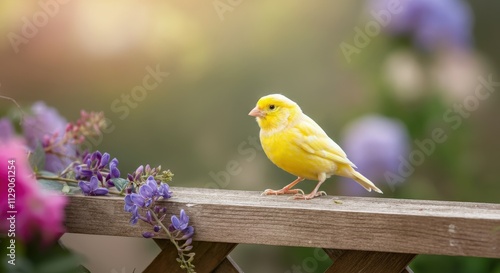 Colorful scene with a yellow canary among vibrant garden flowers for nature and wildlife themes