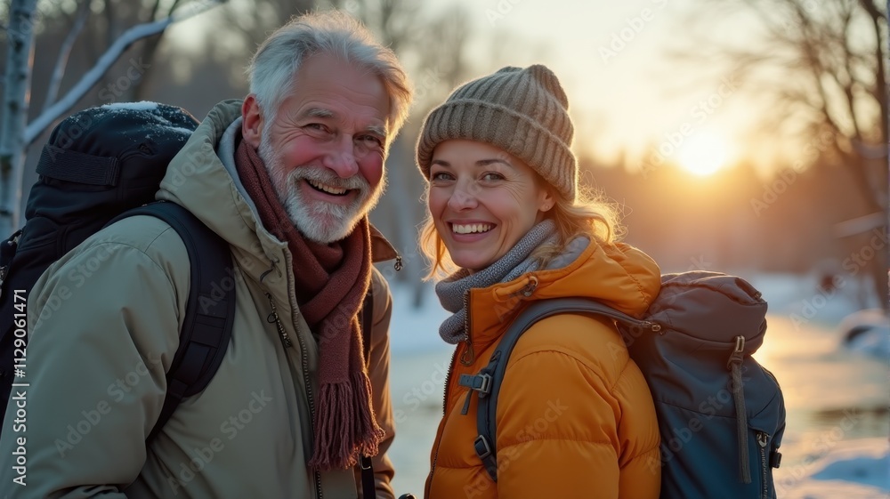 Senior couple enjoying a winter walk outdoors in the snow, embracing each other warmly.
Senior couple enjoying a winter walk outdoors in the snow, embracing each other warmly.