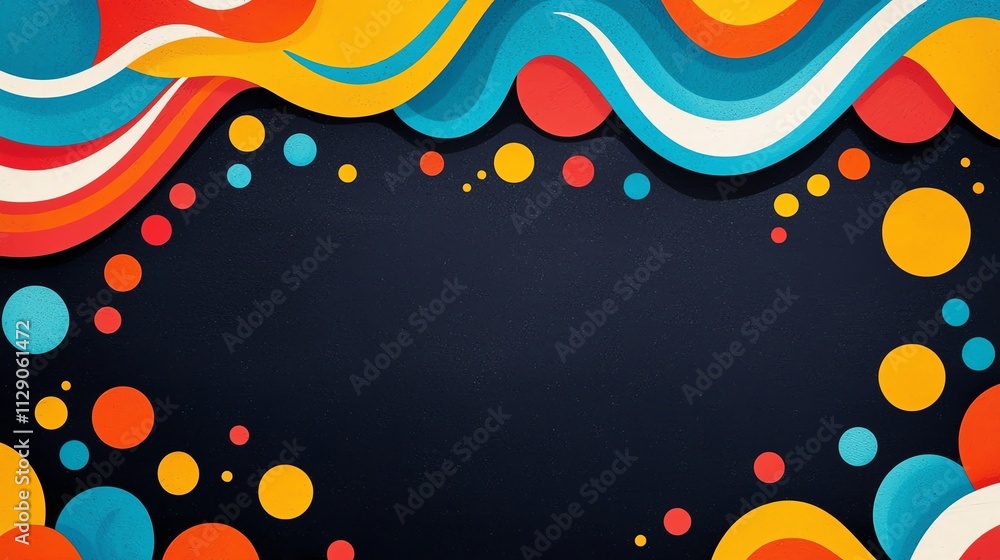 A vibrant abstract design featuring colorful waves and circular shapes against a dark background. A vibrant abstract design featuring colorful waves and circular shapes against a dark background.