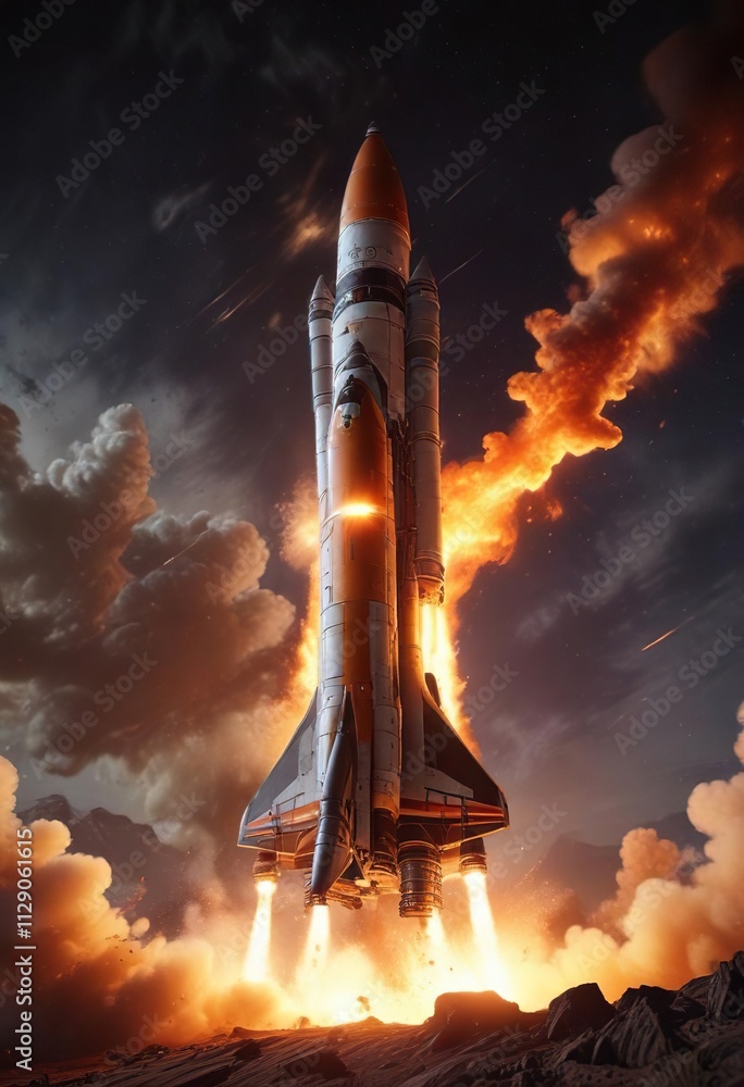 Naklejka premium Powerful rocket blasting off into the distance with a fiery glow , propulsion, fuel, glow