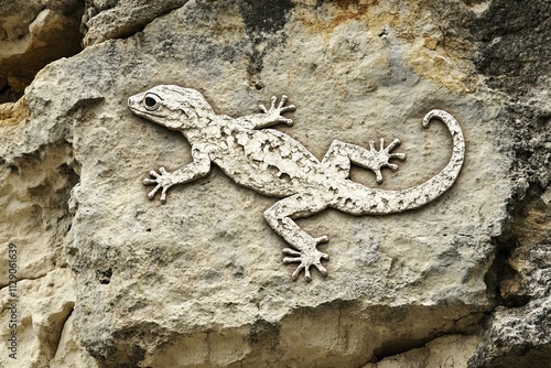 Stone Carving Depicts A Gecko Lizard On Rock photo