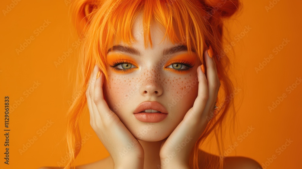 Woman with orange hair and makeup, hands on face. Perfect for beauty, fashion, or autumn themes. Woman with orange hair and makeup, hands on face. Perfect for beauty, fashion, or autumn themes.