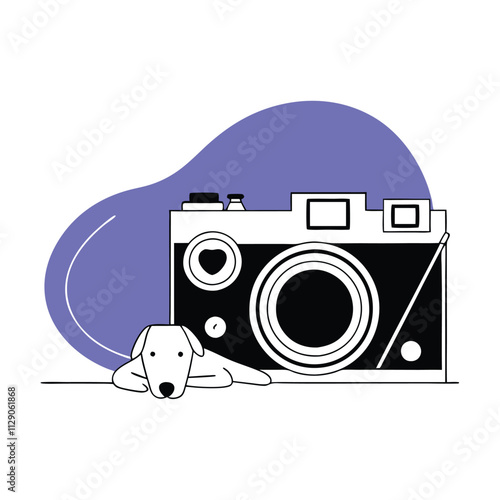 a vector silhouette illustration featuring a camera and a cute dog lying on its side,