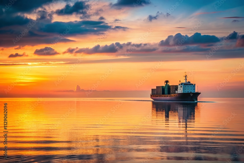 Minimalist Cargo Ship Sailing on the Calm Ocean at Sunset, Capturing Tranquility and Serenity in Soft Hues of Orange and Blue, Perfect for Nautical and Scenic Themes Minimalist Cargo Ship Sailing on the Calm Ocean at Sunset, Capturing Tranquility and Serenity in Soft Hues of Orange and Blue, Perfect for Nautical and Scenic Themes
