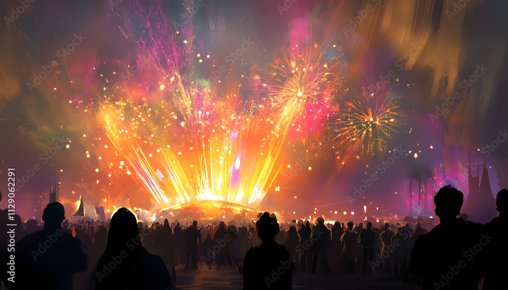 Crowd Silhouetted Against Vibrant Fireworks Display Crowd Silhouetted Against Vibrant Fireworks Display