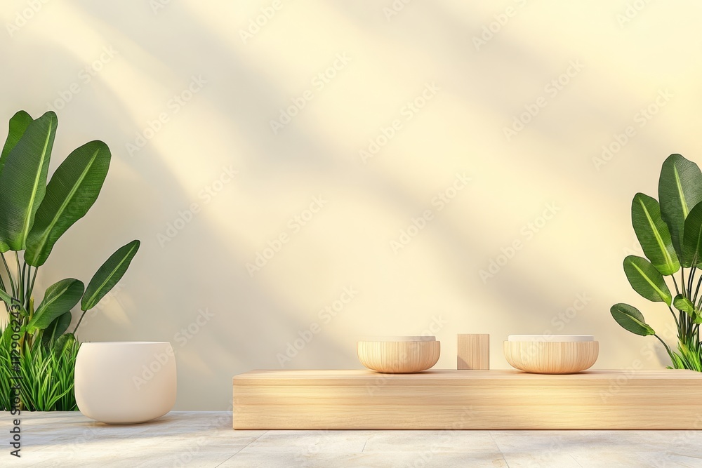 Minimalist wooden display with plants and sunlight on beige background. Minimalist wooden display with plants and sunlight on beige background.