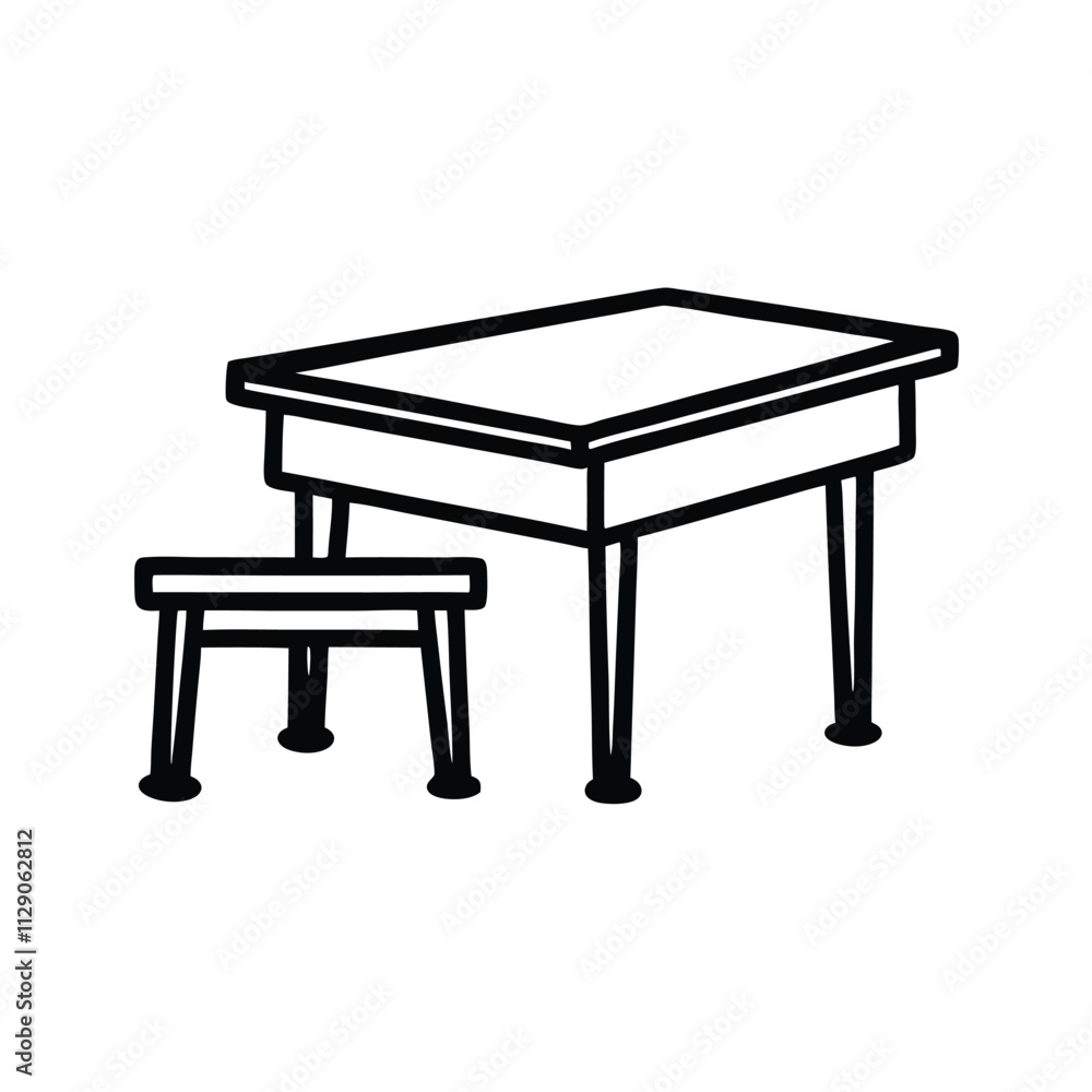a vector silhouette image featuring a sturdy, rectangular workbench with four legs, and standing beside the workbench is the silhouette of a chair