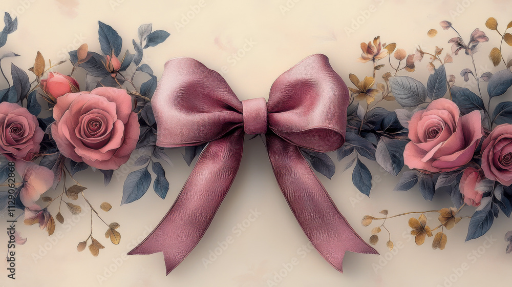 Elegant floral arrangement with pink bow and roses on vintage background Elegant floral arrangement with pink bow and roses on vintage background