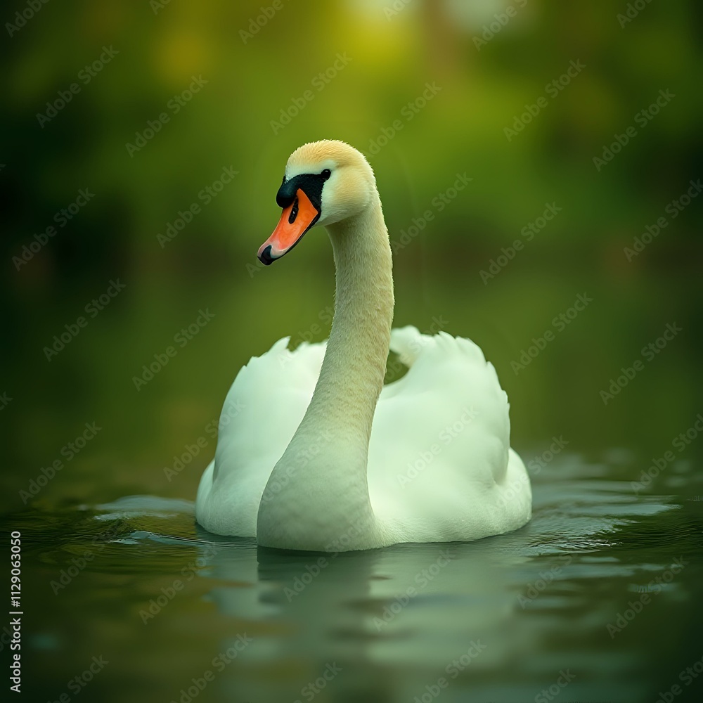 Obraz premium A close-up photo of a graceful swan floating on calm water, with a blurred green background.