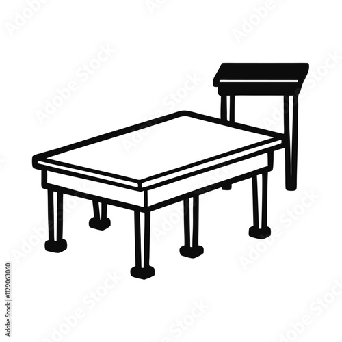 a vector silhouette image featuring a sturdy, rectangular workbench with four legs, and standing beside the workbench is the silhouette of a chair