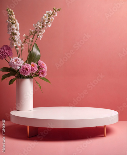 Minimal background, mock up with podium for product display,Abstract white geometry shape background minimalist Valentine's day pink background,Abstract mock up backgroundup 3D rendering. photo