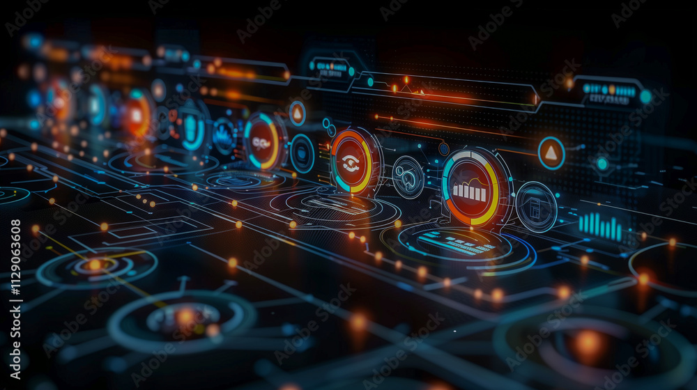 Futuristic Digital Interface with Glowing Holographic Icons.. Futuristic Digital Interface with Glowing Holographic Icons..