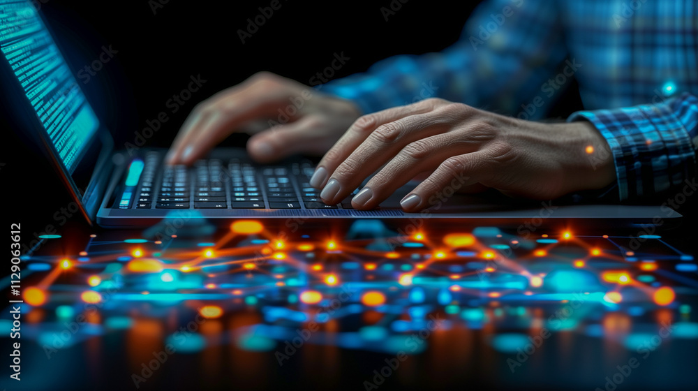 Hands Typing on Laptop with Glowing Data Network Overlay.. Hands Typing on Laptop with Glowing Data Network Overlay..