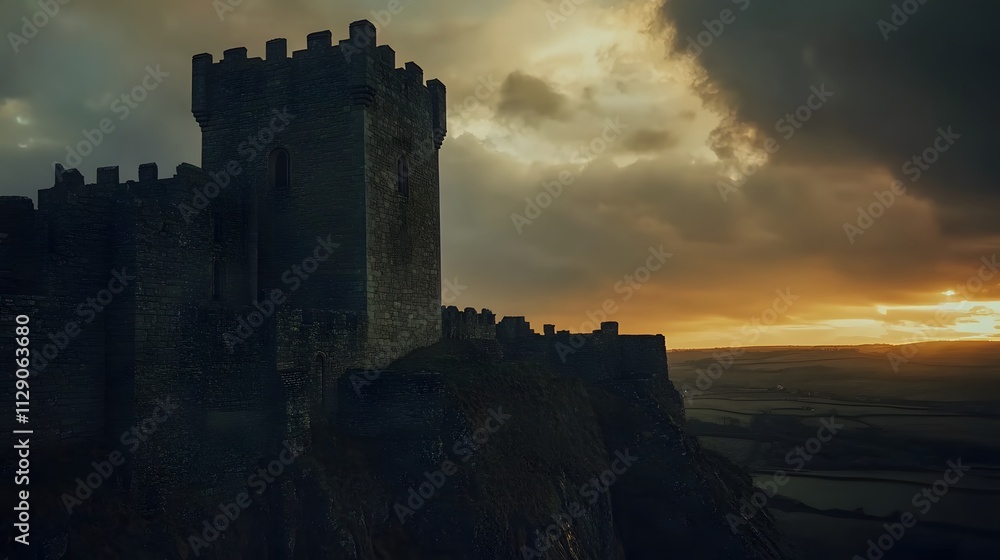 Sunset Silhouette of a Clifftop Castle Illustration Sunset Silhouette of a Clifftop Castle Illustration