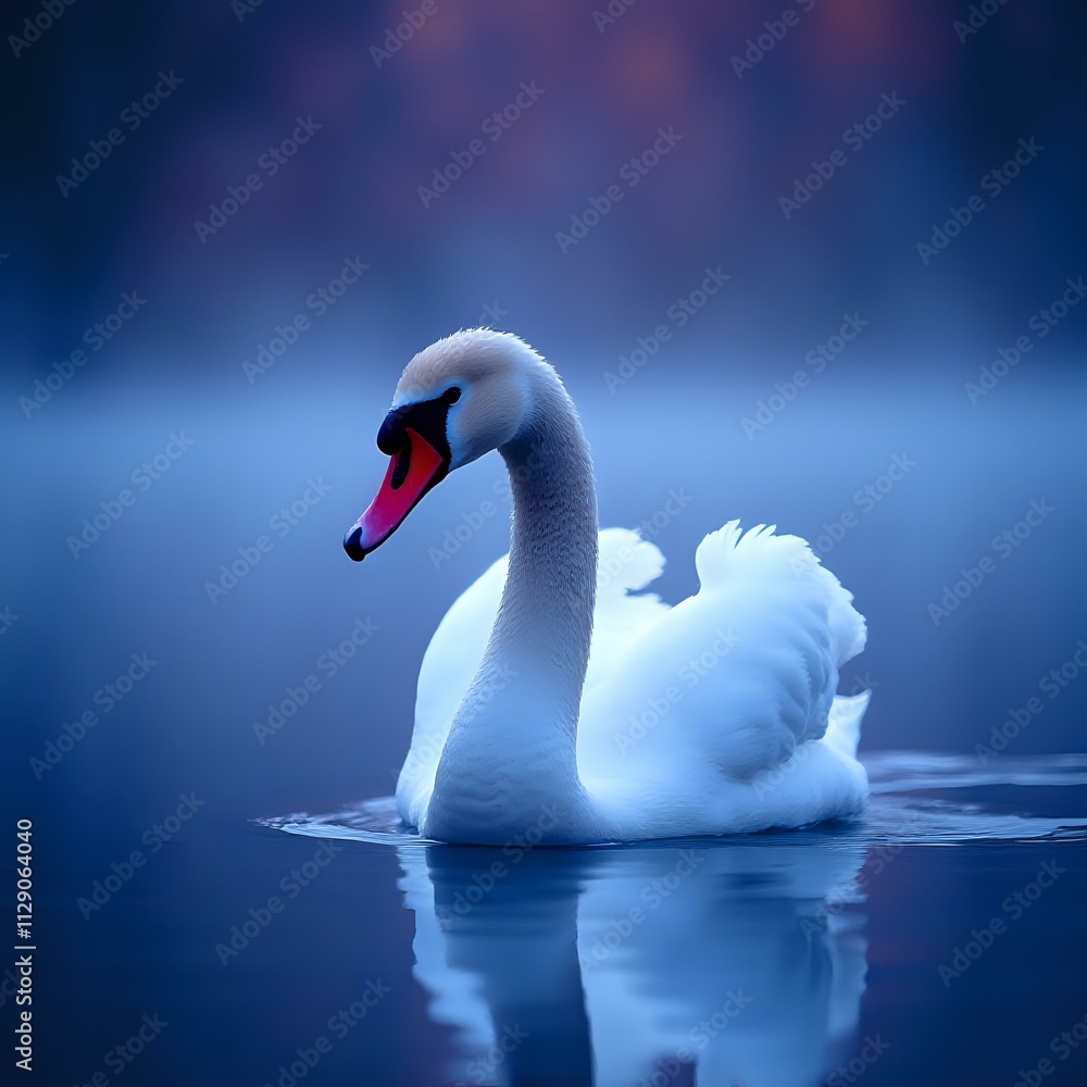 Obraz premium A graceful white swan with a pink and black beak is captured mid-flight, its reflection mirrored in the still water below, against a serene blue backdrop.