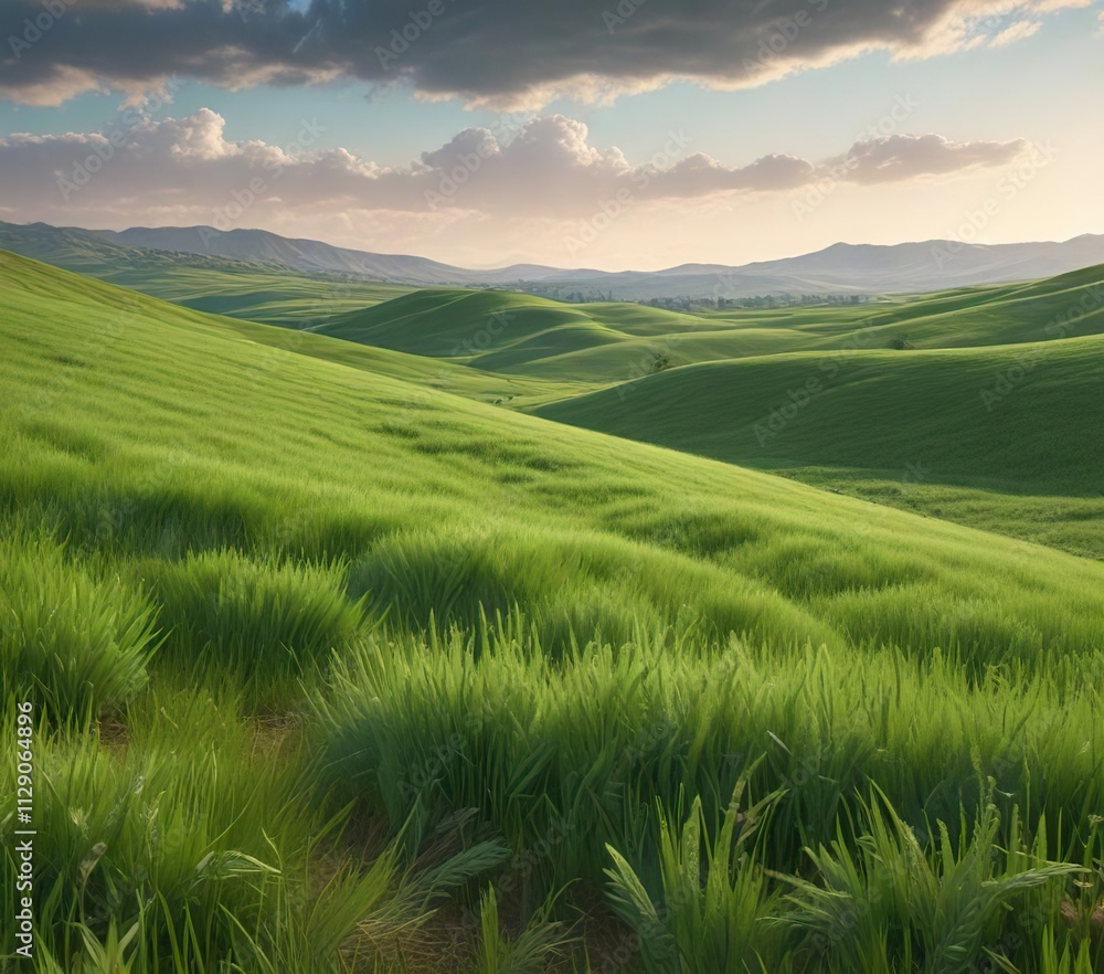 Rolling hills of green wheat swaying gently in the spring breeze, greenery, natural scenery, Rolling hills of green wheat swaying gently in the spring breeze, greenery, natural scenery,