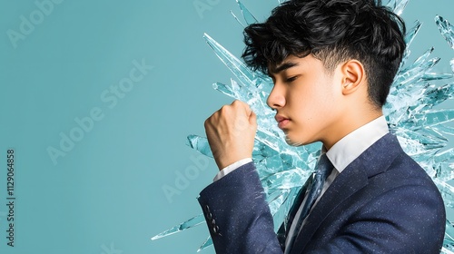 man in a suit, his face overlapping with cold, jagged glass, representing the isolation and emotional suppression often seen in men dealing with toxic masculinity. [men's]:[toxic masculinity]  photo