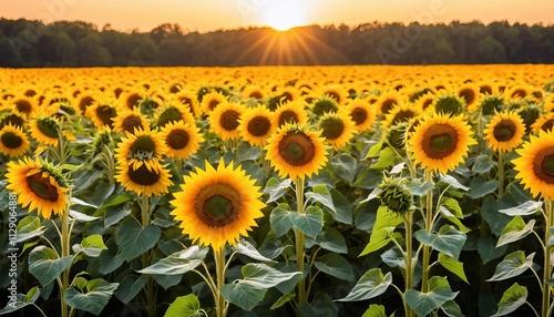 Golden Sunrise Over A Field Of Sunflowers With Vivid Yellow Blooms photo