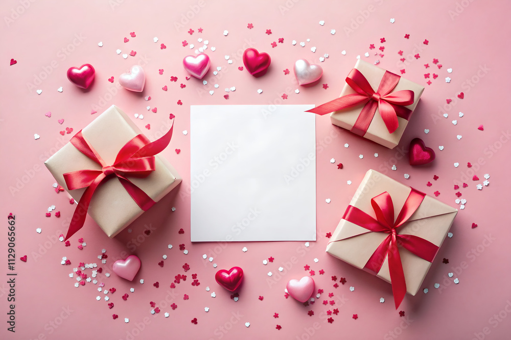 Valentine day composition: red gift box with bow, credit / visiting card template with clamp, spring flowers, candy and small hearts on light pink background Valentine day composition: red gift box with bow, credit / visiting card template with clamp, spring flowers, candy and small hearts on light pink background