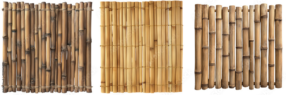 Fototapeta premium Three distinct bamboo panels arranged side by side, showcasing varying textures and arrangements of bamboo stalks.