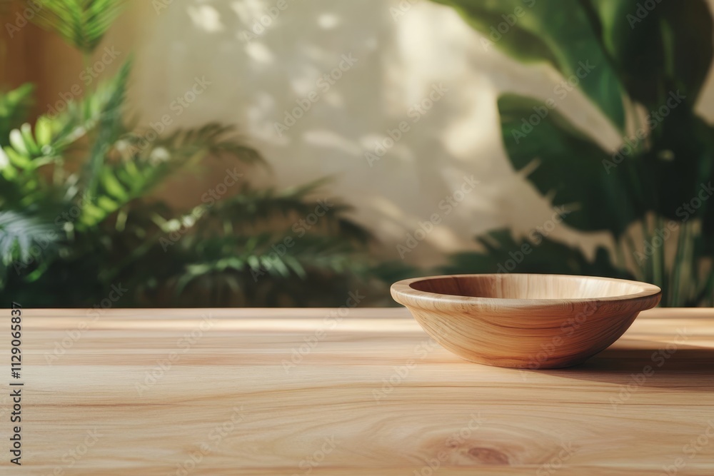 Empty wooden bowl on light wood table with blurred green plants background. Empty wooden bowl on light wood table with blurred green plants background.