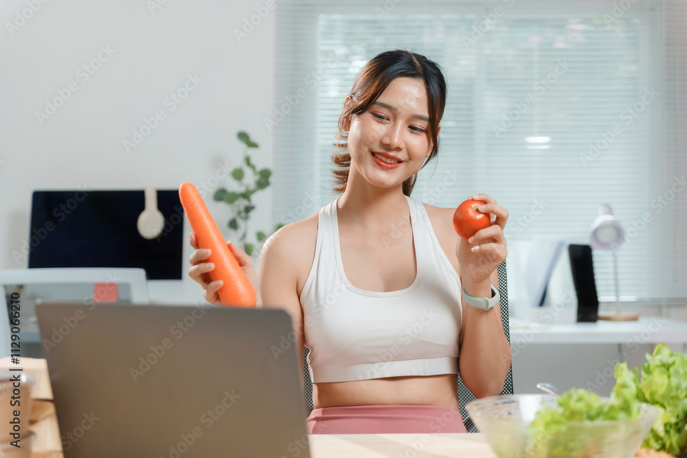 Asian nutritionist showing healthy food during an online video call consultation with her laptop at home Asian nutritionist showing healthy food during an online video call consultation with her laptop at home