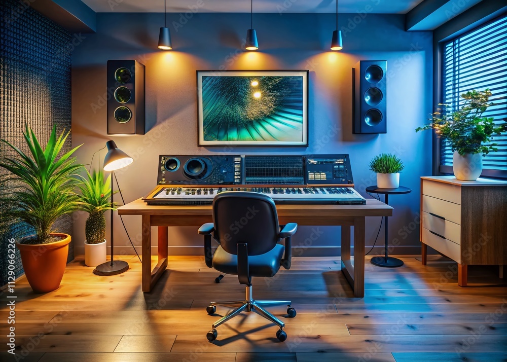 Minimalist Sound Engineer Workspace in a Music Studio Featuring Sleek Gear, Mixing Console, Acoustic Treatment, and Creative Atmosphere for a Professional Environment Minimalist Sound Engineer Workspace in a Music Studio Featuring Sleek Gear, Mixing Console, Acoustic Treatment, and Creative Atmosphere for a Professional Environment