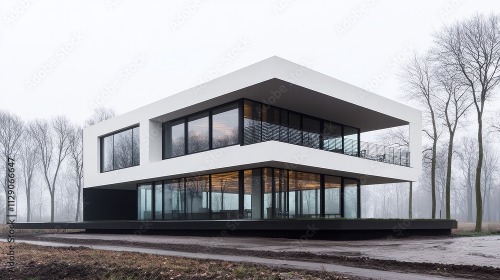 Modern white two-story house with large windows and dark base, situated in a misty landscape. Modern white two-story house with large windows and dark base, situated in a misty landscape.