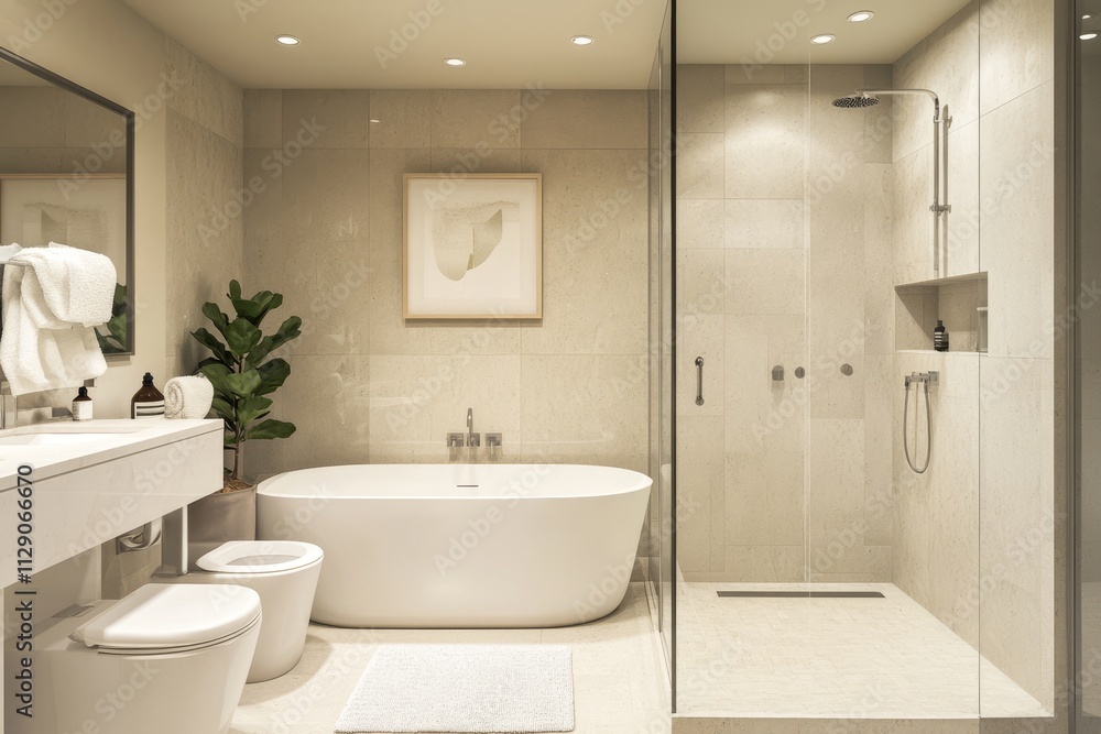 Modern minimalist bathroom with freestanding bathtub, walk-in shower, and neutral color palette. Modern minimalist bathroom with freestanding bathtub, walk-in shower, and neutral color palette.
