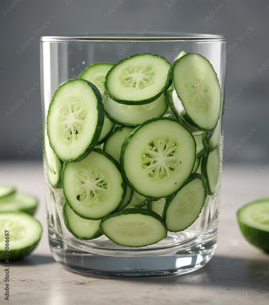 Salty rassol and cucumber slices in a clear glass,  kitchen item,  home decor