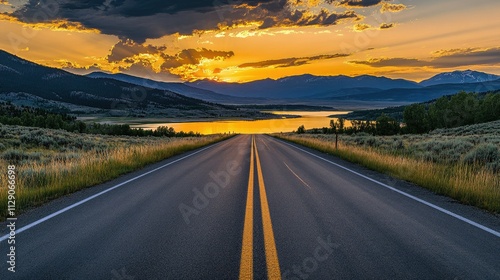 The empty road leading to the lake by sunset