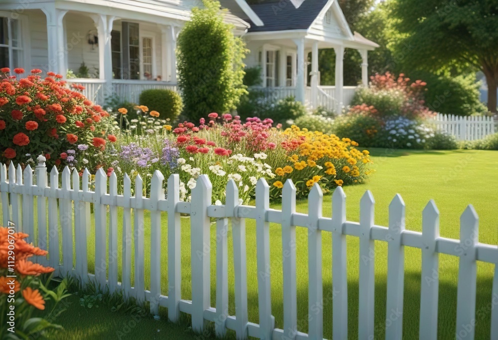 Fototapeta premium A sunny lawn with a white picket fence offers a serene backdrop for a lush green garden filled with vibrant flowers , peaceful, natural beauty, outdoor scenery