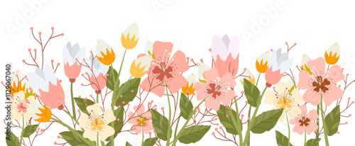 Bouquet of flowers on isolated banner. Green meadow with flowers. Vector stock illustration. Flat style. trendy design. Nature. Hand drawn and doodle. Scribbles. Botanical collection. Elements