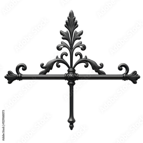 A decorative, ornate black iron cross design featuring leaf motifs and intricate scrollwork. photo