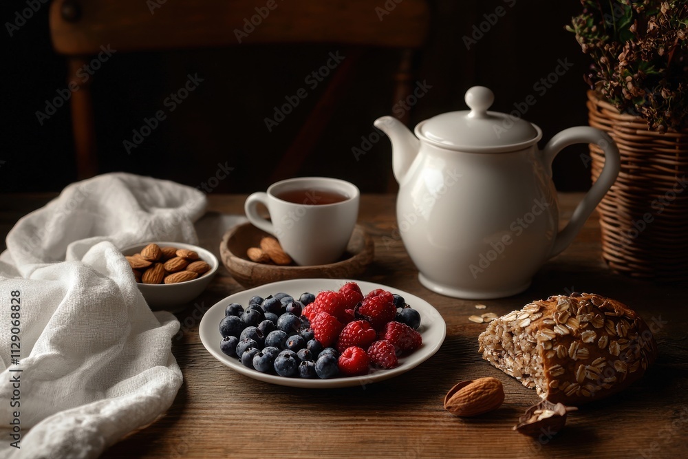 Morning breakfast table setting with oatmeal berries and almonds in a cozy kitchen natural light food photography rustic ambiance