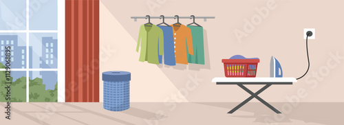 Hanging clothes in the apartment. Clean clothes. Ironing table. Ironing board. Ironed clothes.