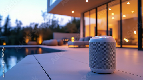Modern Smart Speaker by the Pool at Night. Concept of Outdoor Entertainment and Smart Home.