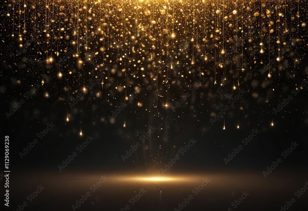 Shimmering golden particles suspended in darkness, refinement, celebration Shimmering golden particles suspended in darkness, refinement, celebration