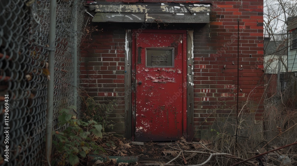 Abandoned Red Door in Decrepit Brick Building Abandoned Red Door in Decrepit Brick Building