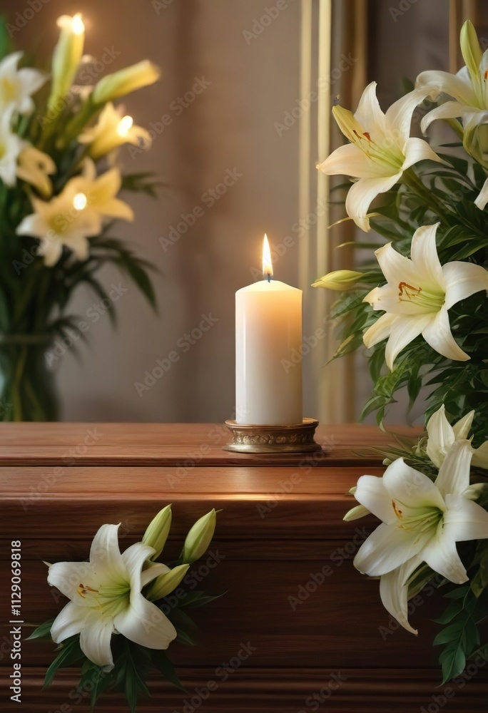 Single burning candle placed on a casket or coffin next to funeral lilies, solemn occasion, peaceful ambiance Single burning candle placed on a casket or coffin next to funeral lilies, solemn occasion, peaceful ambiance