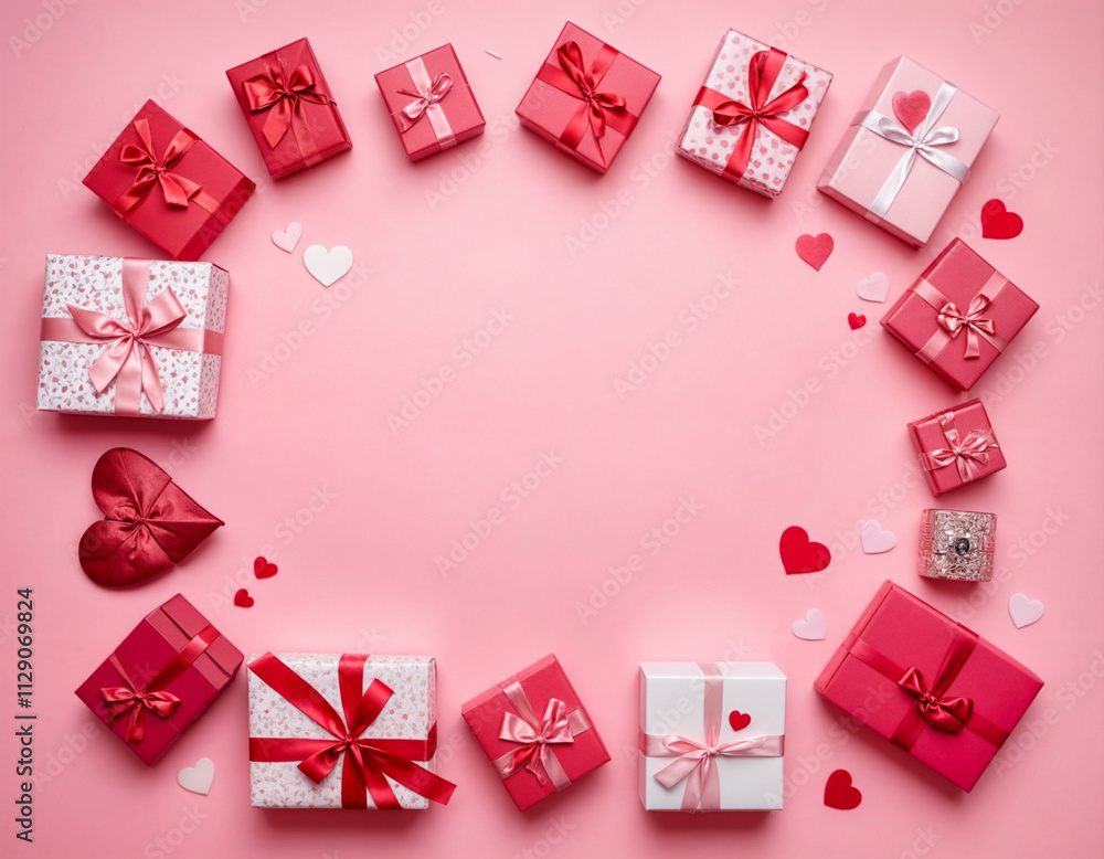 Valentine's Day flat lay composition with gift boxes and hearts on pastel pink background. Flat lay, top view, copy space. Valentine's Day flat lay composition with gift boxes and hearts on pastel pink background. Flat lay, top view, copy space.