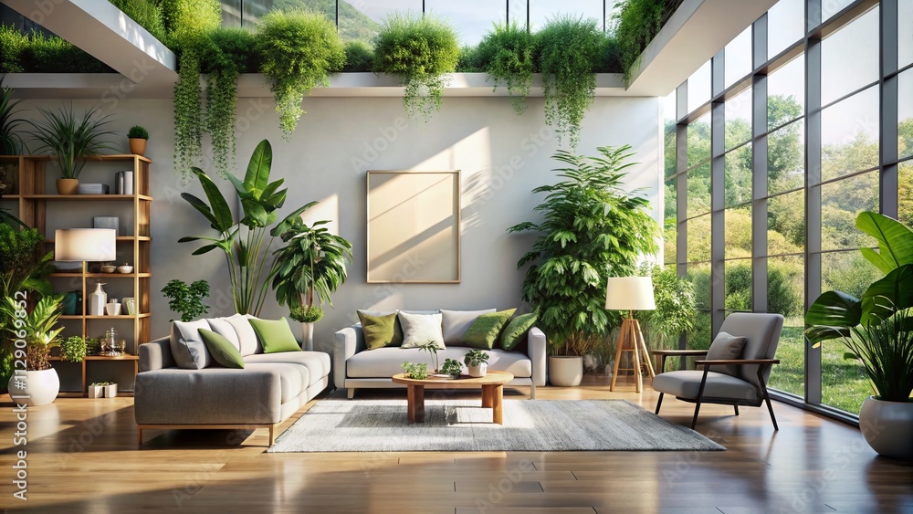 Modern Interior with Blank Canvas and Elegant Furniture Surrounded by Lush Greenery, Ideal for Art Display and Inspiring Decoration Ideas in Contemporary Spaces Modern Interior with Blank Canvas and Elegant Furniture Surrounded by Lush Greenery, Ideal for Art Display and Inspiring Decoration Ideas in Contemporary Spaces
