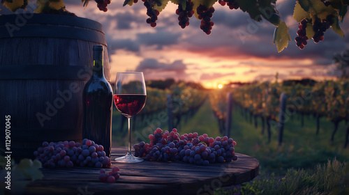 Vineyard Sunset with Wine Bottle and Glass
