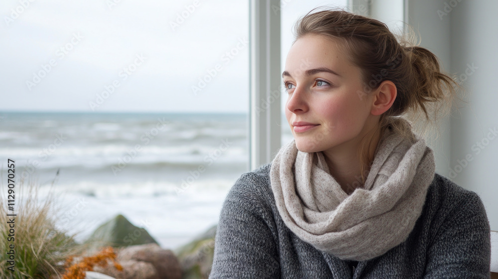 German woman sitting on a bench by the ocean, wearing a coat and a scarf German woman sitting on a bench by the ocean, wearing a coat and a scarf