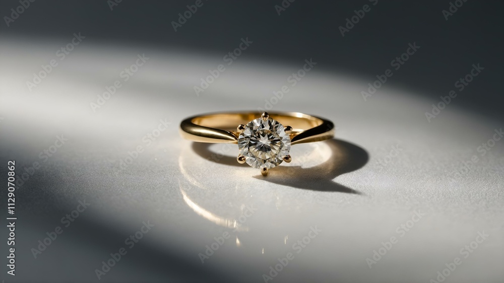 Gold engagement ring with a solitaire diamond on a reflective white surface
Gold engagement ring with a solitaire diamond on a reflective white surface