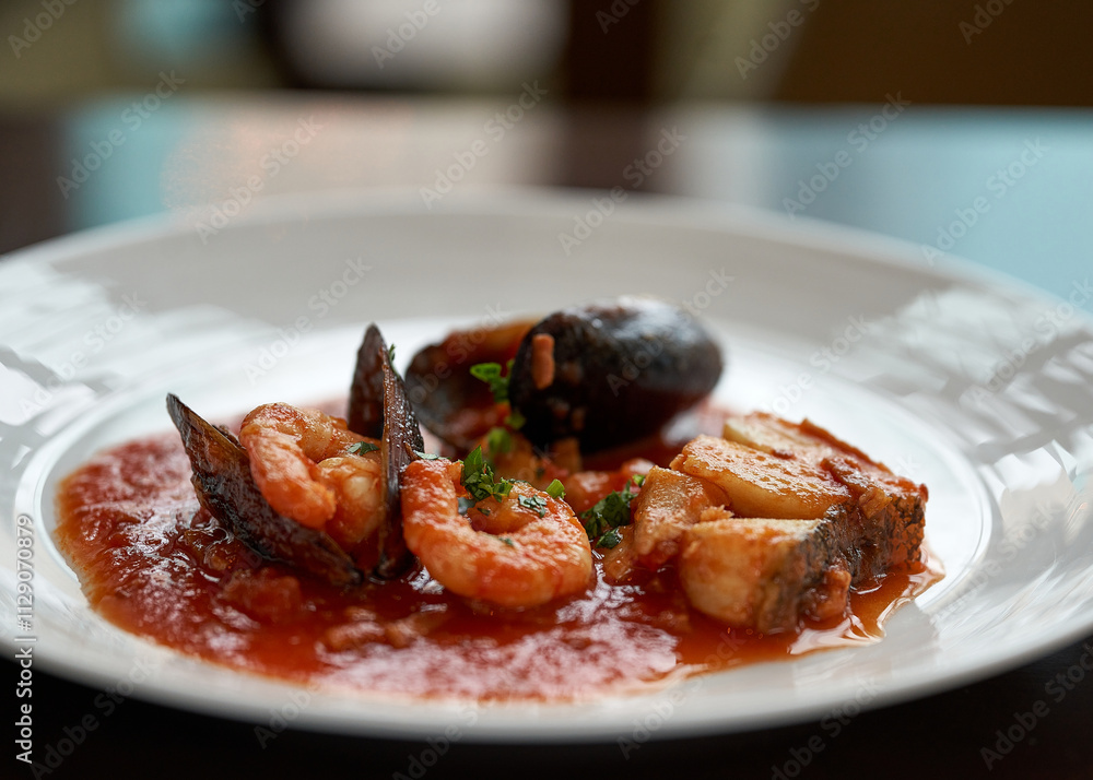 Seafood stew with shrimps and mussels in tomato sauce Seafood stew with shrimps and mussels in tomato sauce