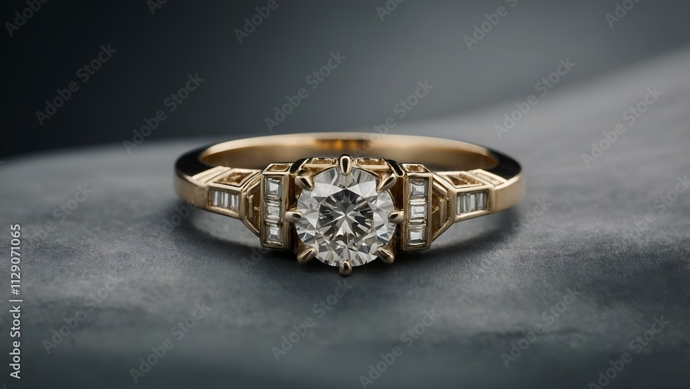Art Deco engagement ring with geometric diamond settings on a soft gray velvet background Art Deco engagement ring with geometric diamond settings on a soft gray velvet background