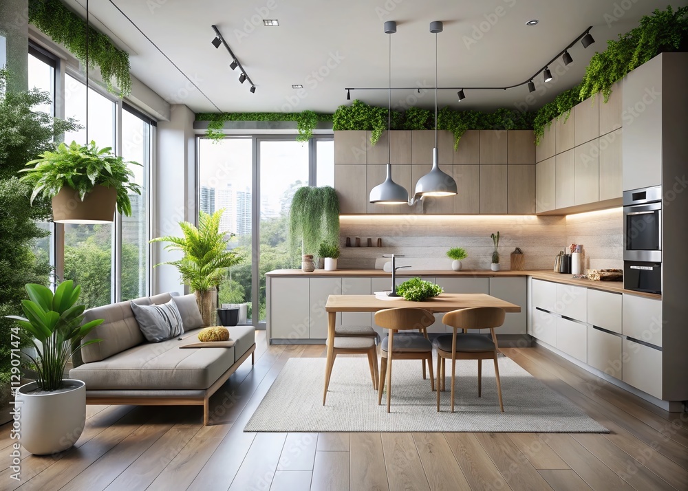 Fototapeta premium Modern Minimalist Living Room and Kitchen Design Featuring Abundant Green Plants in a Bright, Inviting Space Emphasizing Open Layout and Natural Light